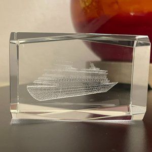 Clear Etched Glass Sailing Ship Boat Paperweight Hologram Angled Rectangle
